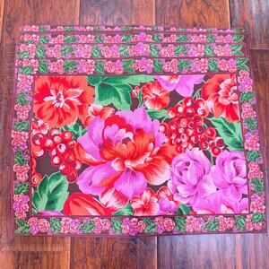 April Cornell Set of 4 Floral Cotton Placemats 14x19 Pink Chardonnay Chocolate